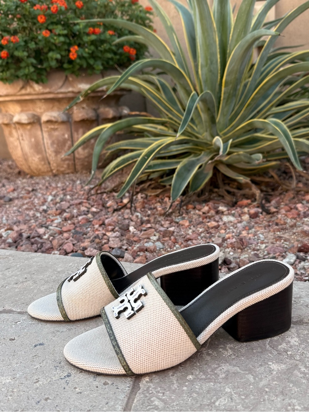 Tory Burch Everly Ivory Canvas Slide Mules with Green Trim